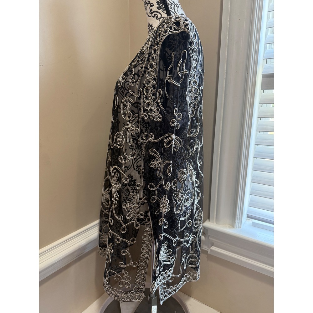 Victor Costa Occasion Silver Embroidered Mesh Duster Cardigan 1X Black Glam - Picture 10 of 11